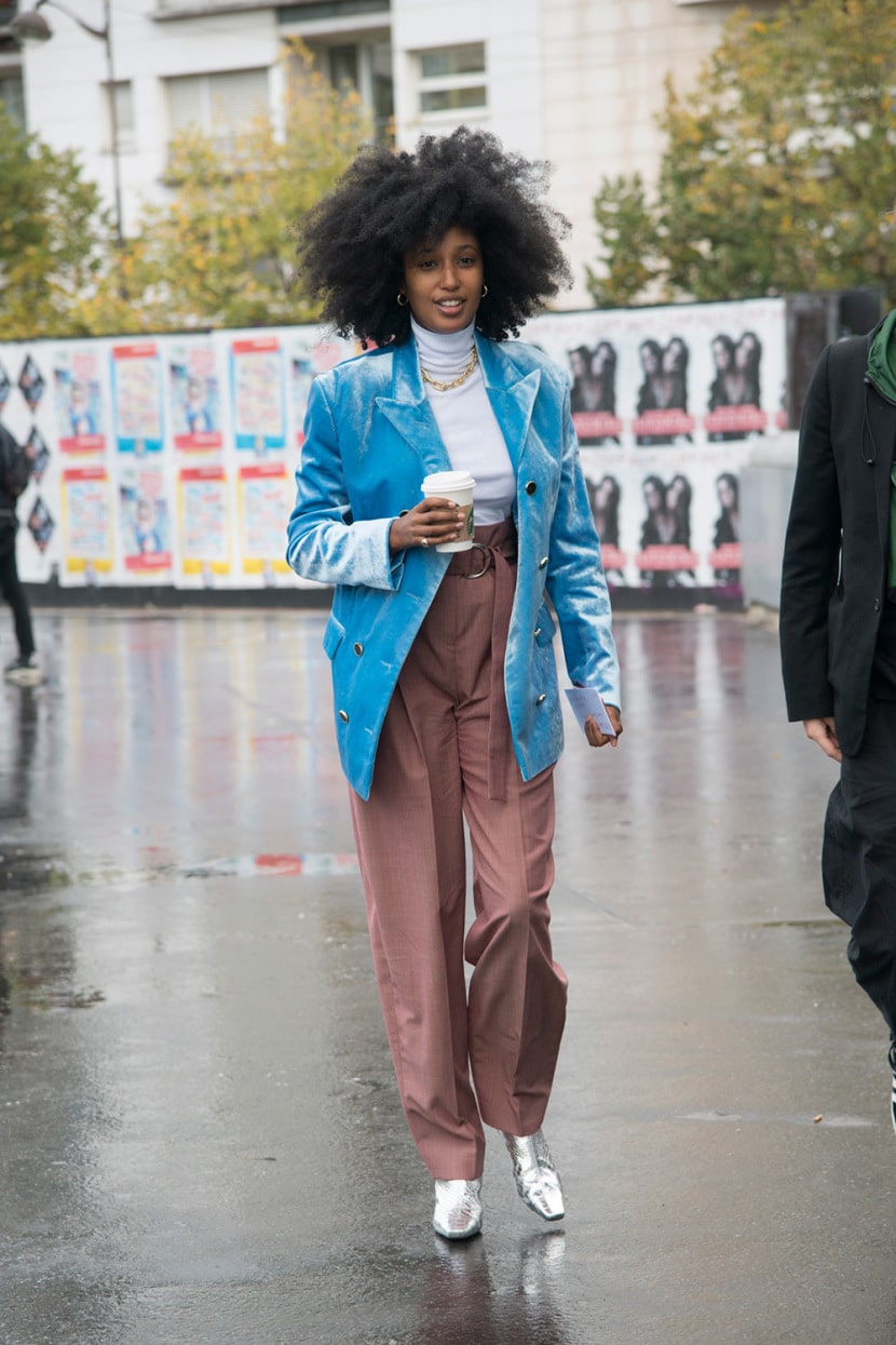 One statement piece anchoring a clean street style look at NYFW &mdash; a blue velvet blazer