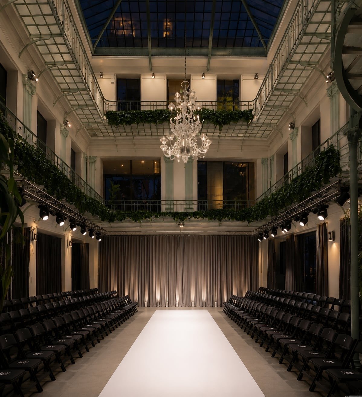 Inside Espace Cléry — gold chairs lining the runway before a Paris Fashion Week show